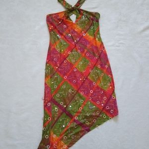 Vintage Y2K Silk multi color halter sparkly sequin unique beadwork asymmetric